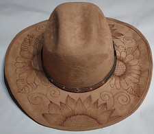 Hat Mocha Suede Wide Brim Brown Burned Floral Sunflowers SZ Medium cowboy