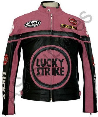 LUCKY STRIKE Leder Motorradjacke   CE Protektoren   Schwarz Rosa   Schwantz
