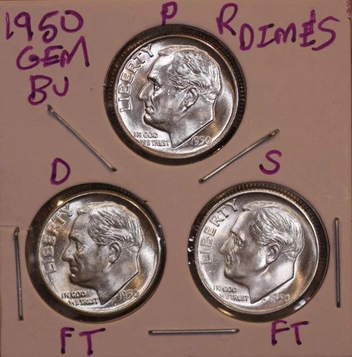 1950 P D S SILVER ROOSEVELT DIMES GEM BU D&S FULL BANDS! KEY DATE 5010777