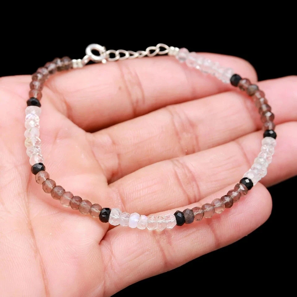 Bracciale gioielli sfaccettati con perline fumè + topazio bianco + spinello 7" - Immagine 2 di 4