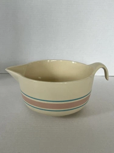 Vintage McCoy #129 Batter Mixing Bowl Spout Pink Blue Stripe Farmhouse - Read