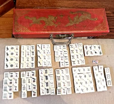 Antique Chinese Mahjong Set Intricate Dovetail Bamboo Tiles in Case 140 Tiles
