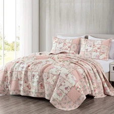 Abbi 3-Piece Pink Shabby Chic Bedding King Quilt Set Pre-Washed Cotton Floral...