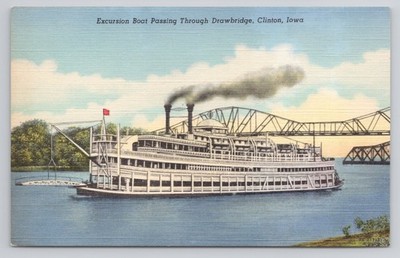 Excursion Boat Passing Through Drawbridge Clinton Iowa Postcard