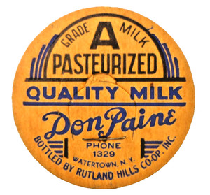 Rutland Hills Co-op Watertown, New York Pasteurized Dairy Bottle Cap 1940s NOS