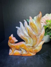 2.5LB 192mm"Carnelian Banded Agate Nine-tailed Fox Crystal Quartz Carving Gift