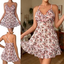 Women's Floral Print V Neck Sheer Mesh Cami Chemise Slip Dress Charm Nightwear