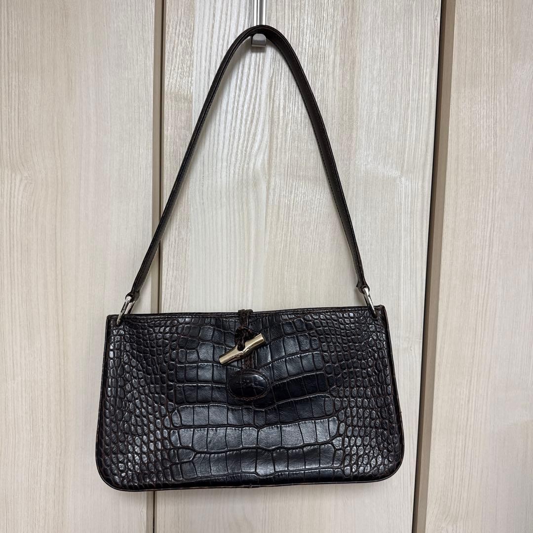 Longchamp One Shoulder Bag Purse Logo Leather Brown Authentic