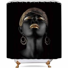 Black Afro Girl Shower Curtain Black Girl Golden Lips Decor Set with 12 Hooks...