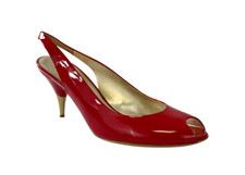 MIU MIU Vernice Patent Leather Sling Back Heels 38 8 US Red Gold Peep Toe