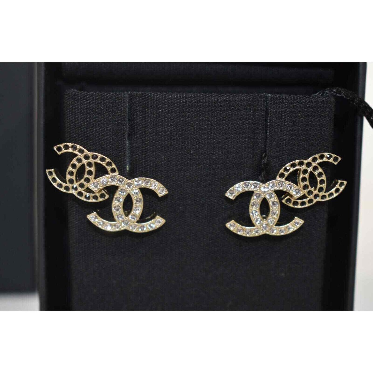 Chanel 22B Gold Black Crystal CC Double Logo Large Dangle