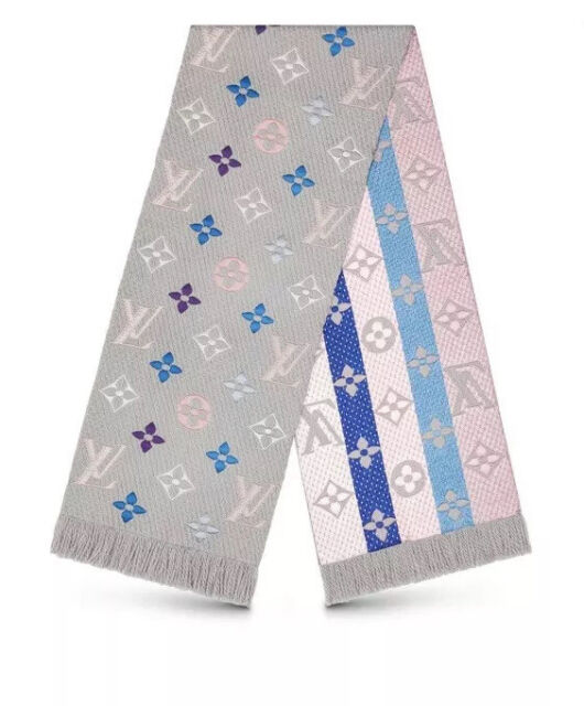 LOUIS VUITTON LV Scarf Echarpe Logomania M75874 Gray Pink Wool Silk Auth NIB | eBay