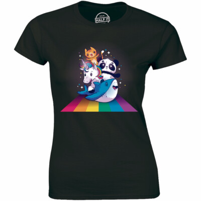 Cute Unicorn With Panda And Cat And Whale - Rainbow Animals Friend Women's Tee
