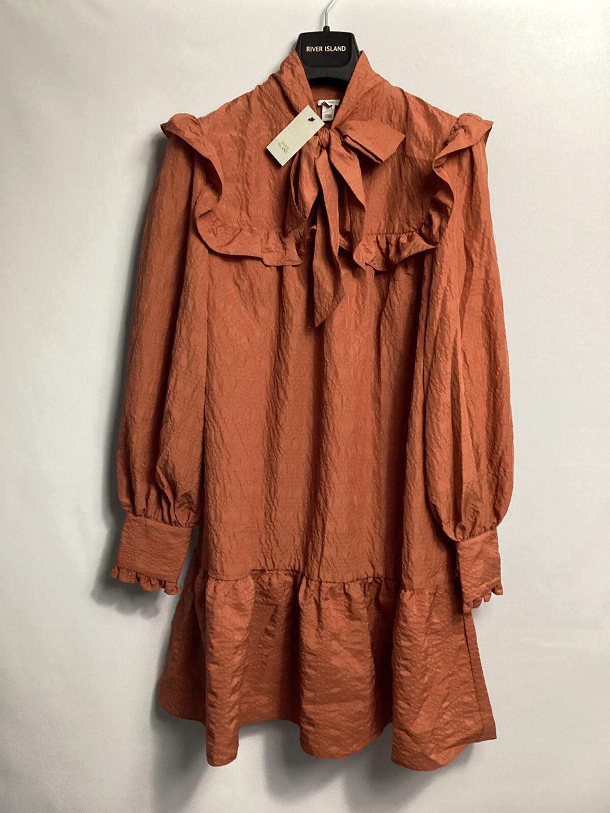 River Island Tie Neck Mini Frill Smock Dress Pussybow V Neck Orange Rust Size 10