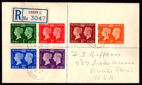 1940 Great Britain, Sc #252-257 Stamp Centenary set FDC Leeds Postmarks to U.S.