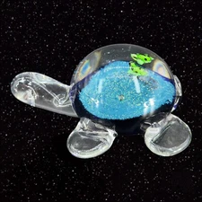 Art Glass Turtle Paperweight Figurine Thick Heavy Glass Turtle W Green Frogs