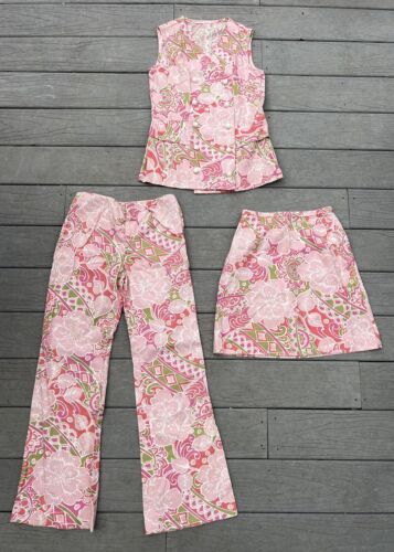 Vintage lata 1960./1970. Różowa trzyczęściowa spódnica Spodnie Kamizelka Zestaw Paisley Mod Rozmiar XS - Zdjęcie 1 z 24