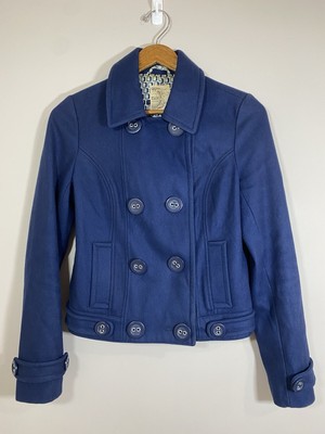 Tulle Pea Coat Womens S Blue Button Up Double Breasted Jacket Pockets Collar