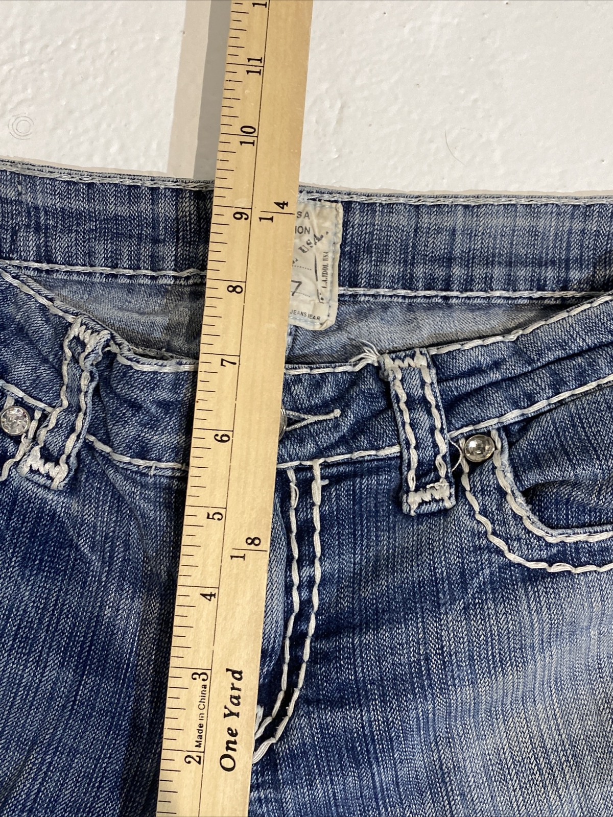 LA Idol USA Thick Stitch Embroidered Distressed Bling Sz 7 Boot Cut Jeans
