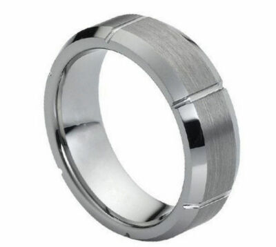 Free Engraving - Tungsten Carbide Beveled w. Brush Center Wedding Band Ring