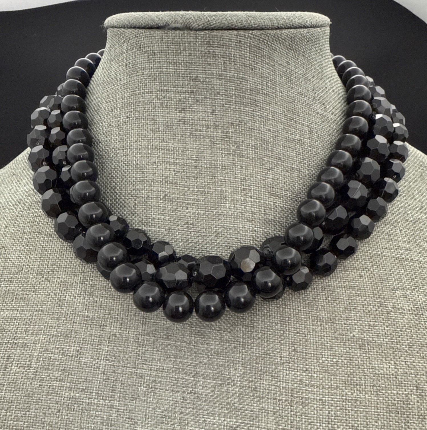 NECKLACE EXPRESS 3 Strands Black Beads 17 Inches 3 Inch Extension See Photos