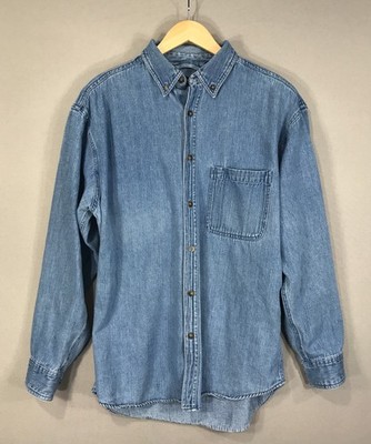 Vintage Faded Glory Jean Shirt Men's Medium Blue Denim Button Down Long Sleeve