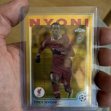 Trey Nyoni 2024-25 Topps Chrome Liverpool Gold Hyper Refractor /50 Rookie Card. rookie card picture