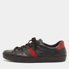 Gucci Ace Size 43 Black Leather and Python Embossed Web Lace Up Sneakers