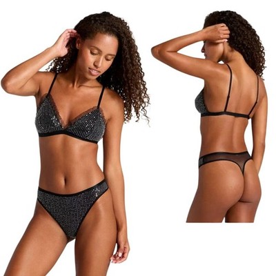Wild Fable Women's Black Lace Sequin Bralette Thong Lingerie Set Size S