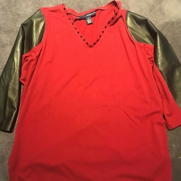 ROAMANS DENIM 24/7 RED BLACK TUNIC TOP PLUS SIZE 3X FAUX LEATHER