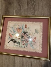 Vintage 1980s Floral Cross Stitch Barbara Mock Framed Cottagecore Art