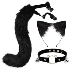 3 PCS Cat Wolf Ears Furry Fox Tail Collar Costume Set Faux Fur Headband