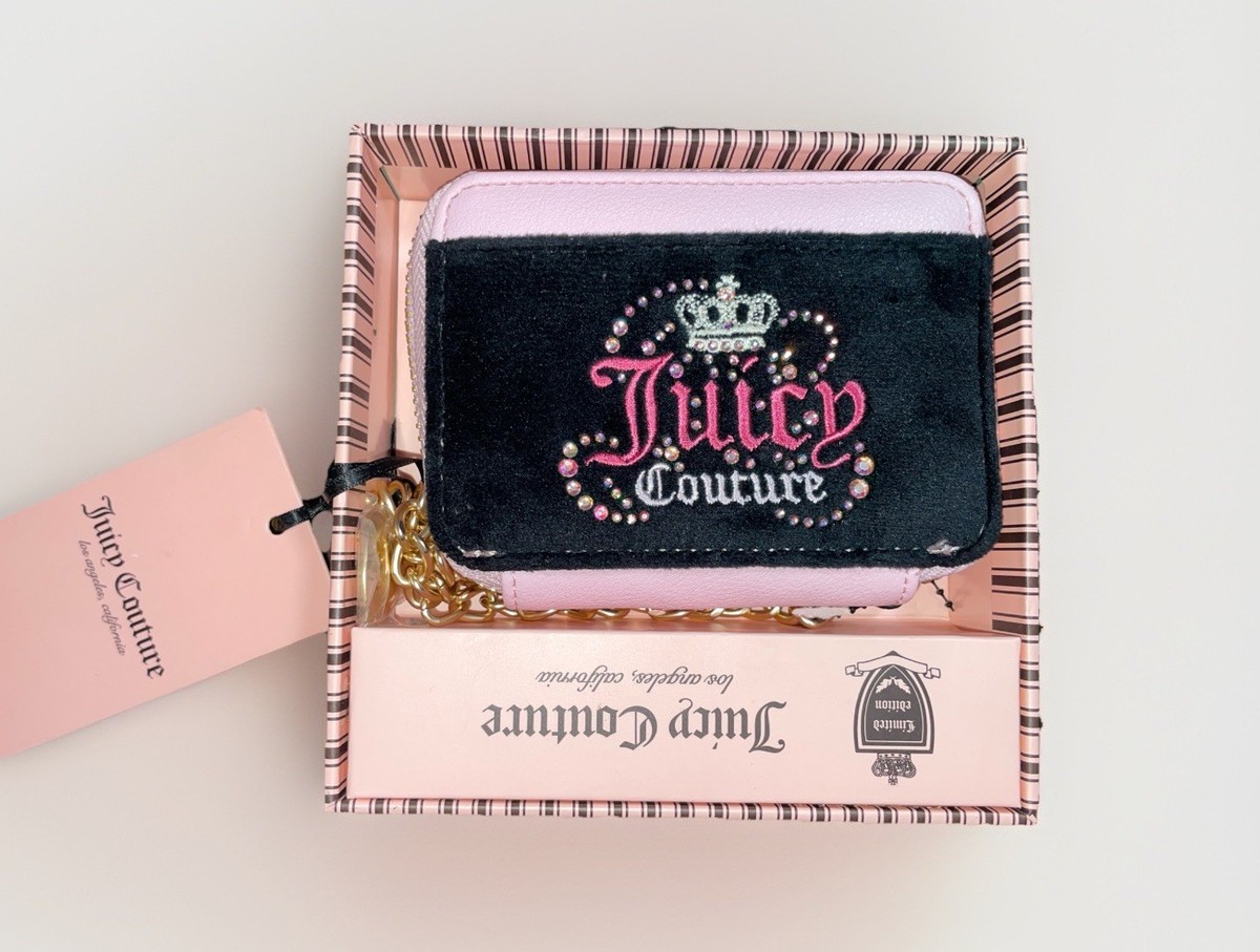 Juicy Couture Velour Wallet Black Pink Rhinestone Logo Zip Card