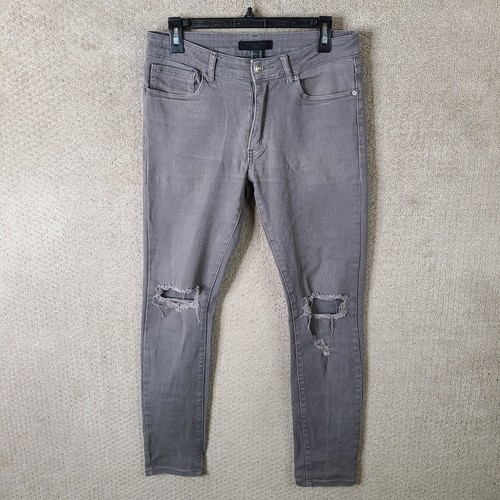 Forever 21 Jeans Mens 31x30 Gray Distressed Skinny Stretch Ripped Knee Denim