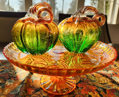 2 Art Glass Pumpkin Green Orange Ombre Pattern Applied Amber Swirl Stem Vine 5x5