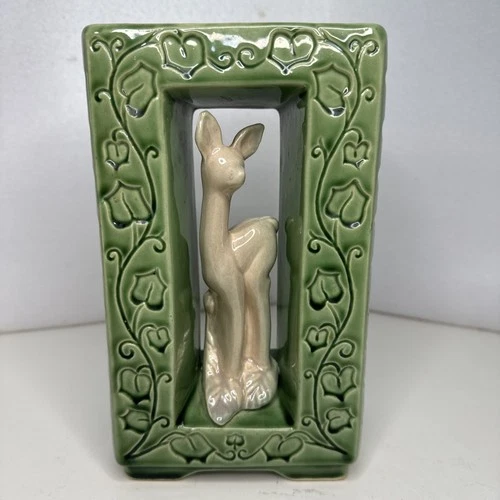 Vtg 1950s Shawnee Pottery MCM Deer & Ivy Double Sided Vase Majolica Mid Century