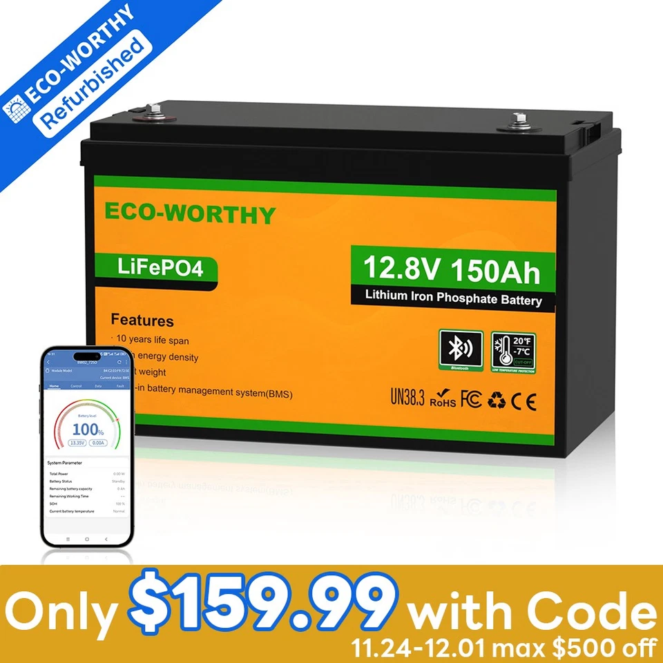 ECO-WORTHY 1920Wh 12V 150Ah LiFePO4 Lithium Battery Bluetooth RV Trolling Motor