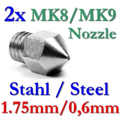 2x MK8 MK9 0,6mm Edelstahl Stahl Düse Nozzle Makerbot RepRap Flashforge Wanhao