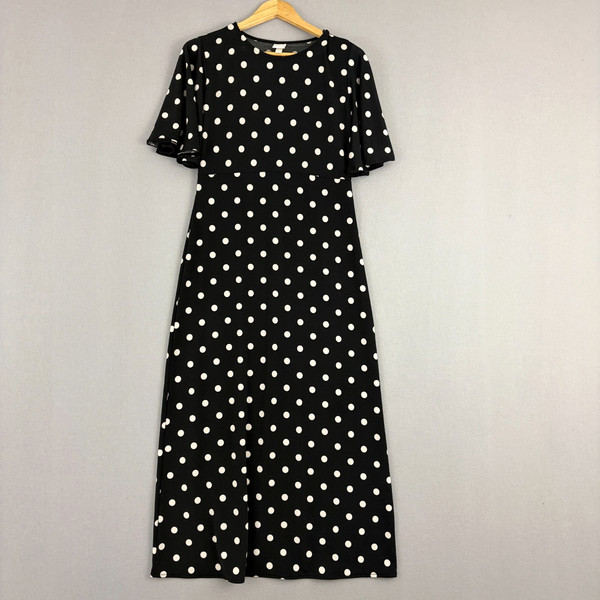 H&M Dress Womens Medium Black Fit and Flare Polka Dot Flutter Sleeve Maxi Resort