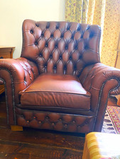 Chesterfield Brown Leather Armchair High Back Button Tufted Nailhead Trim