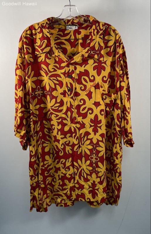Manuheali'i Men's Yellow Red Botanical Pattern Rayon Aloha Shirt Sz 3XL