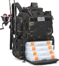 Tactical Fishing Tackle Backpack with 4 Boxes, Rod Holders, Black Camo