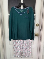 Nautica Women's 2 Piece Fleece Pajama Sleepwear Set Green Ornaments Size XXL NEW