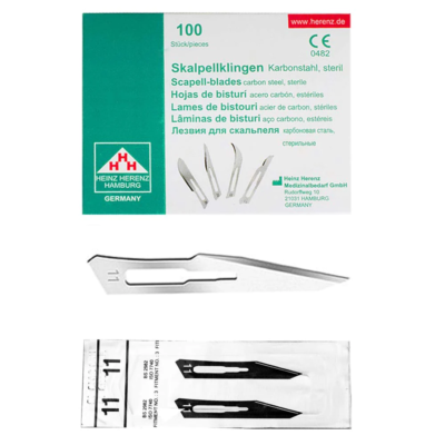 Produktbild von May Skalpell Set - 100 Klingen Figur 10 + Halter 21cm Edelstahl Steril