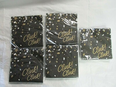 5 Packages of Happy New Years Paper Napkins Clink! Clink! - Total 80 Napkins