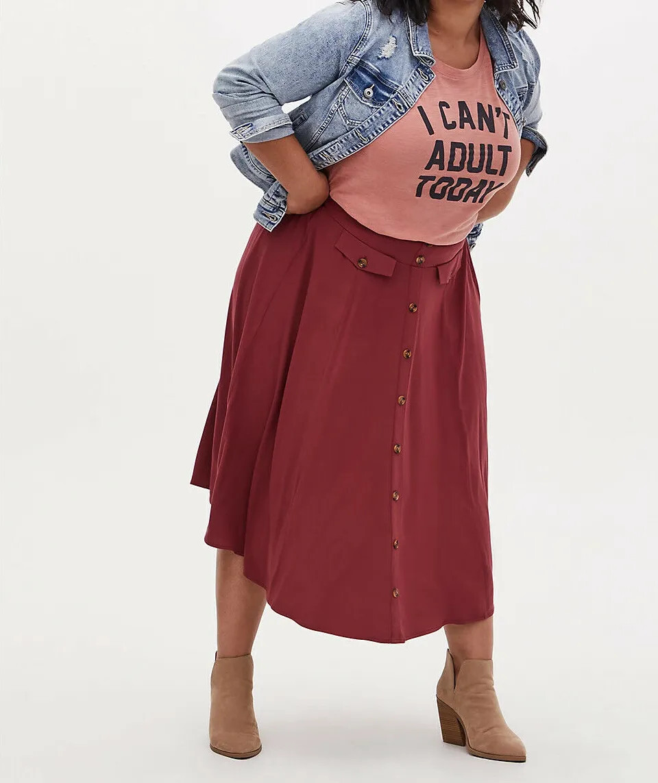 Torrid High Waist Button Midi Skirt Stretchy Front Pockets Dark