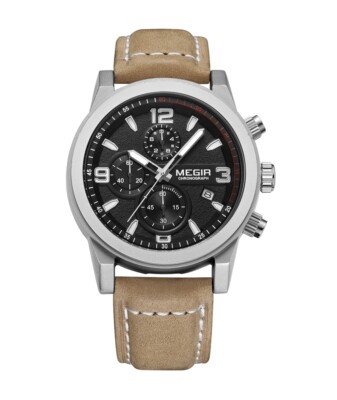 Megir Fashion Mens Chronograph Leather Strap Quartz with Luminous watch Skeleton