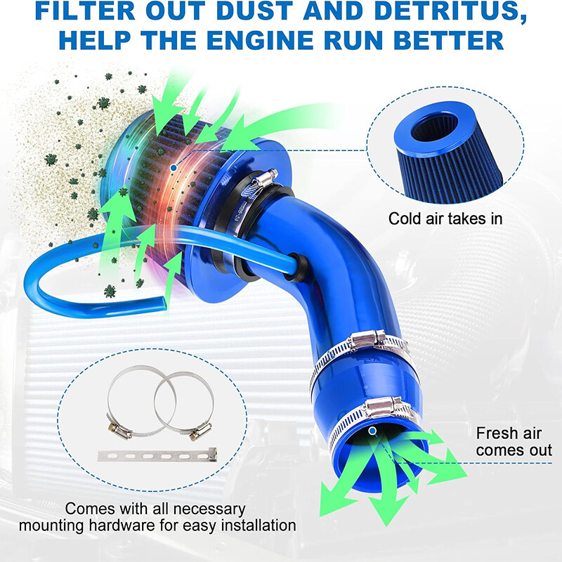 76mm Blue Car Cold Air Intake Filter Induction Kit Pipe Power Flow Hose System