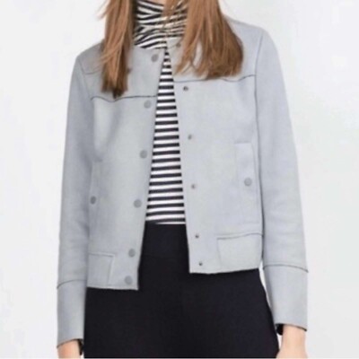 Zara Basic Jacket Faux Suede Collarless Button Up Light Blue Size L
