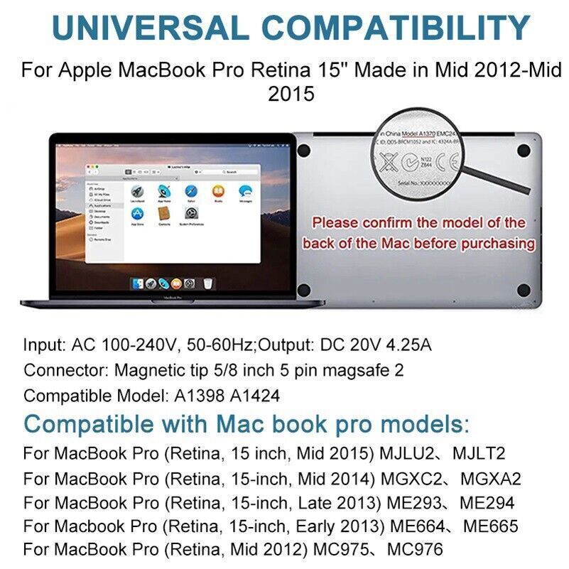 New 85W For MacBook Pro Magnetic A1398 Late 2012-2014 2015 Power